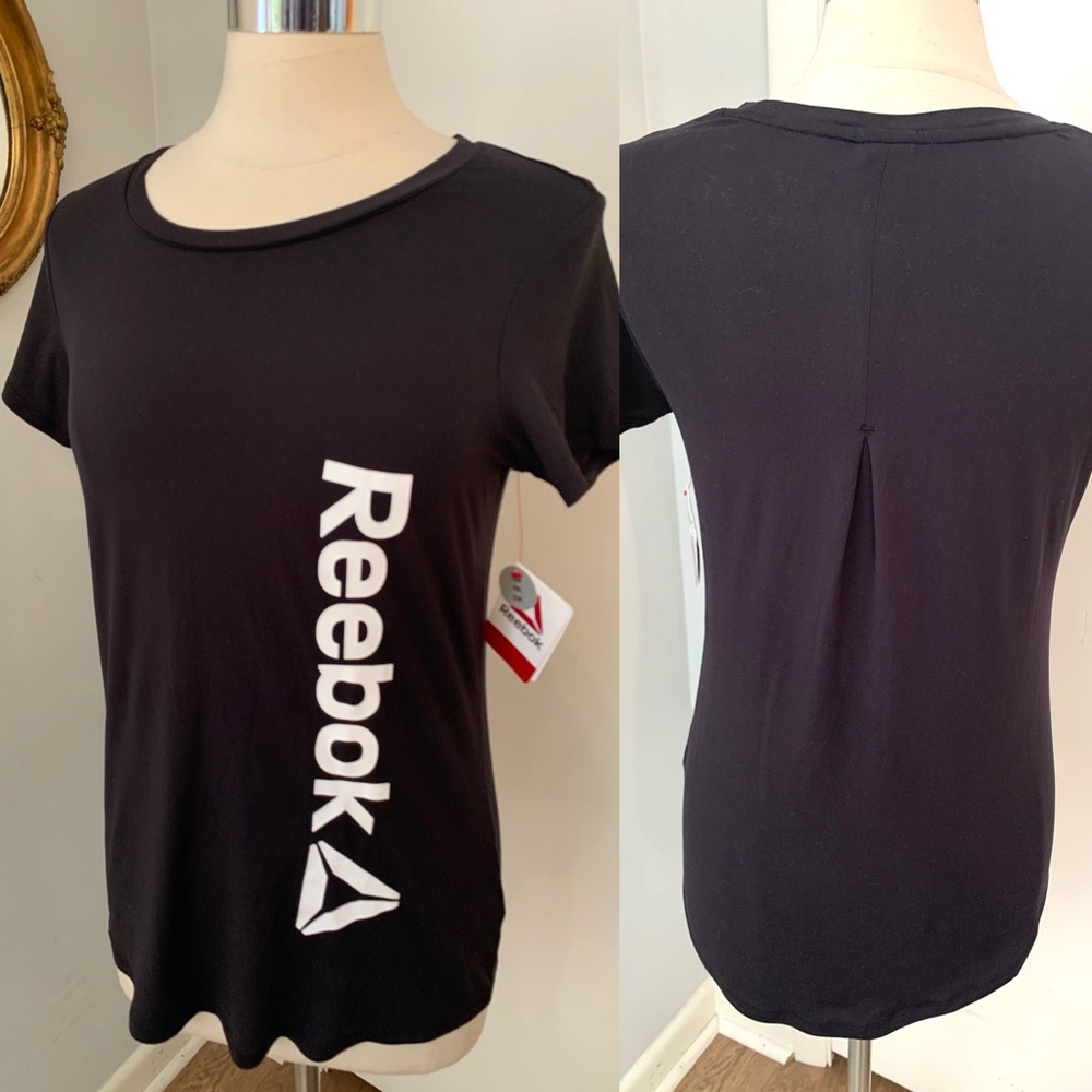 Women’s Reebok Black Dryfit Tee Slim NWT size Small yoga sports outdoor Spellout
